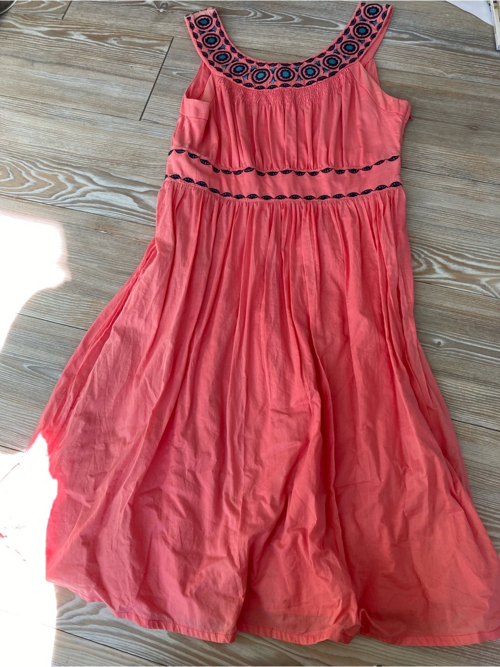Aryeh Coral Midi Dress with Navy Embroidered Yoke Libed Size M
